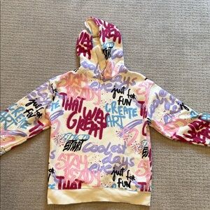 Zara Graffiti Hoodie in Cream with Pink, Purple & Blue Accents